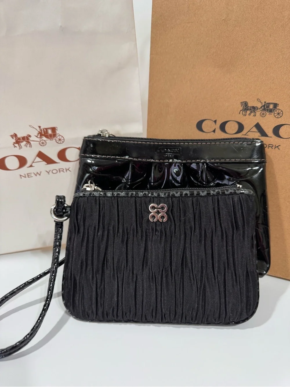 Coach Black Pleated Fabric & Patent Leather Wristlet Duo - Picture 1 of 15